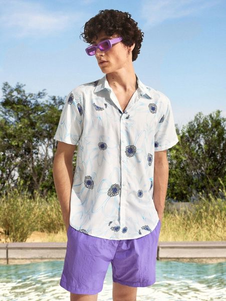 

men floral print shirt & solid shorts n2jo#, White;black