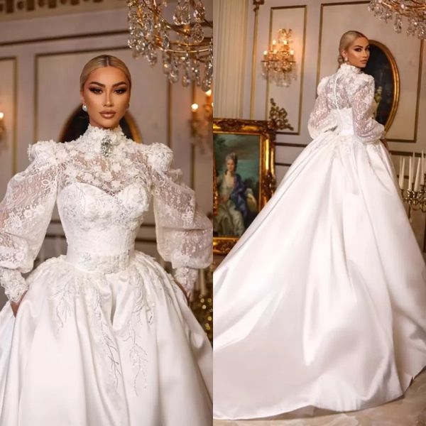 

royal chic luxury princess ball gown wedding dresses shiny sequins appliques high neck lace up sequins long sleeve ;long length train vintag, White