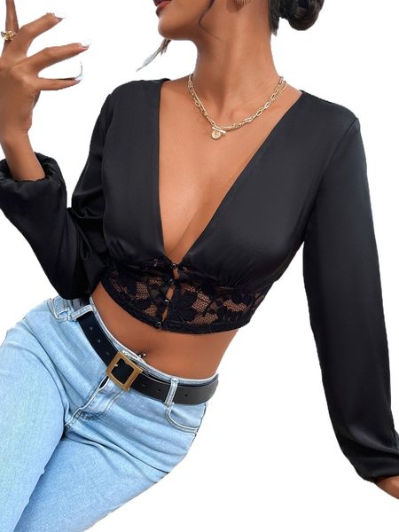 

deep v neck contrast lace crop 88zz#, White