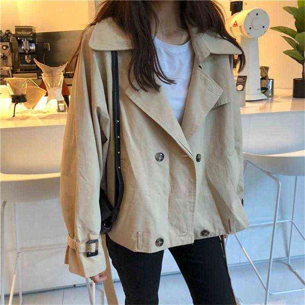 

women's trench coats korean chic turn-down collar double breasted coat long sleeve loose belt windbreaker 2021 autumn solid causal jack, Tan;black