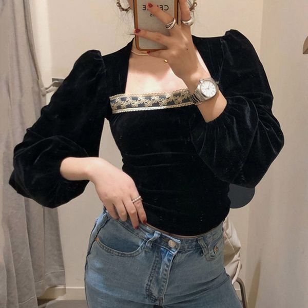 

elegant square collar women blouses lace stitching blusas slimming navel lantern sleeve velvet shirt 210506, White