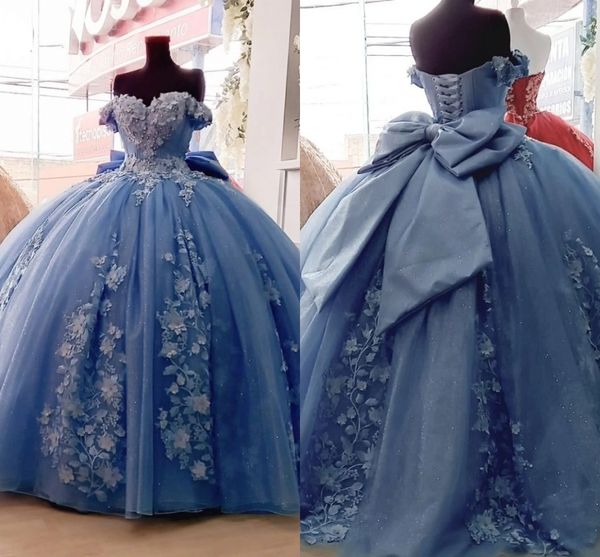 

dusty blue pearls beaded formal quinceanera dresses 2022 floral lace flowers applique off the shoulder big bow ball gown evening prom dress, Blue;red