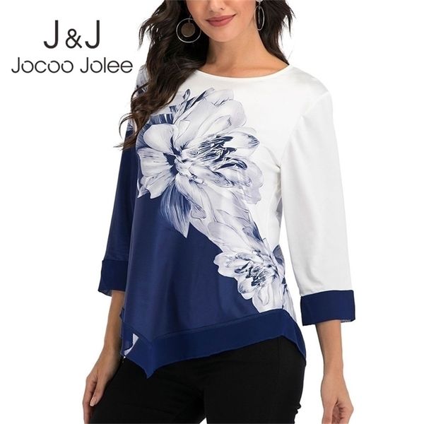

jocoo jolee summer 3/4 sleeve casual irregular hem block color and blouse summer floral print chiffon blouse lady shirt 5xl 210326, White