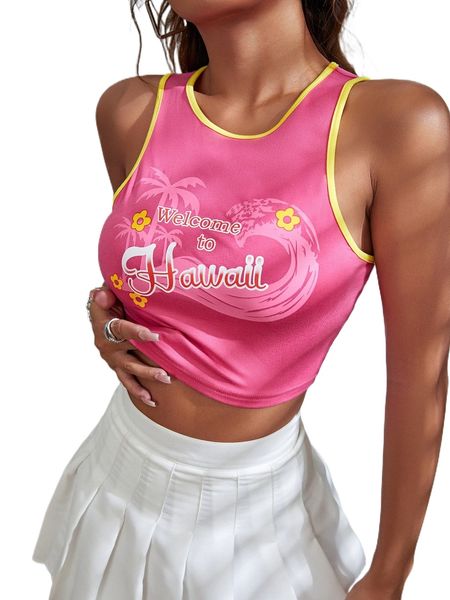 

coconut tree & slogan graphic contrast binding tank n3rq#, White