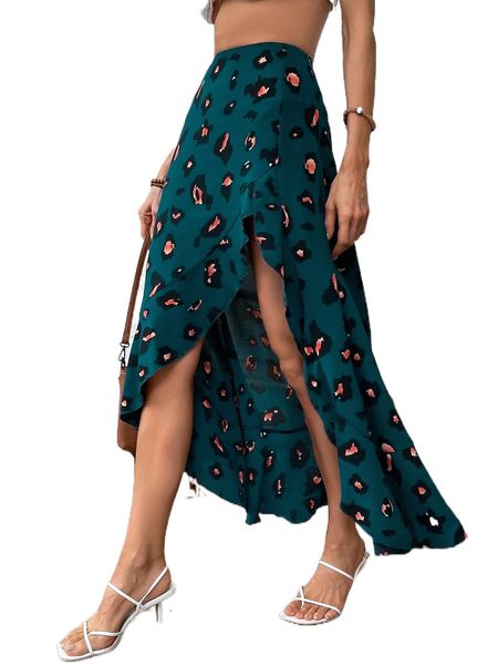 

allover print ruffle asymmetrical hem skirt t63c#, Black