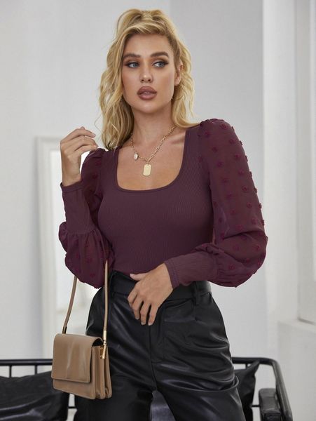 

swiss dot scoop neck bishop sleeve tee i7w8#, White