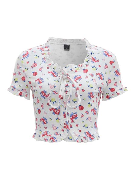 

mod floral print tie front t-shirt j57o#, White