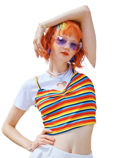 

romwe y2k revival 2 in 1 rainbow striped heart cut out tee a8nx#, White