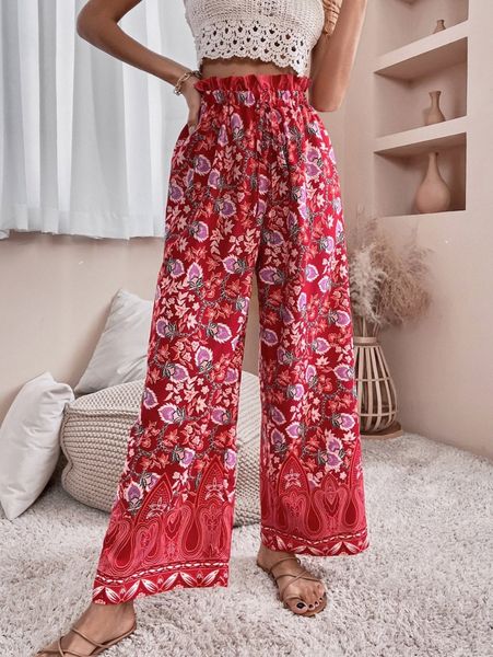 

floral print paperbag waist wide leg pants v2k3#, Black;white