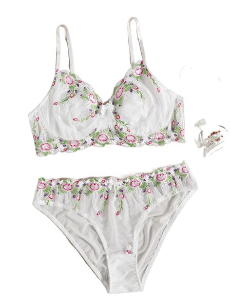 

plus floral embroidery underwire lingerie set c4lw#, Black;white