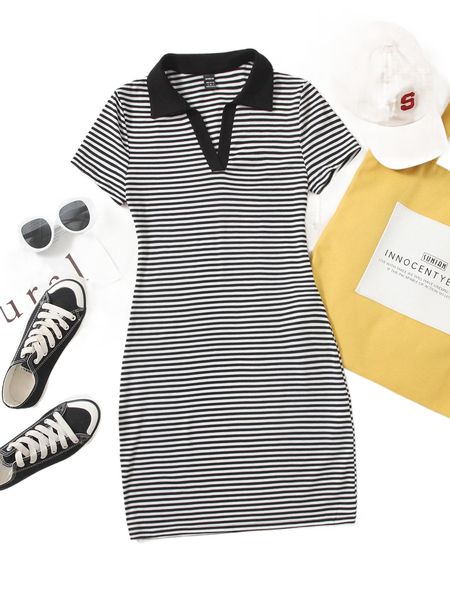 

contrast collar striped dress w5h7#, Black;gray