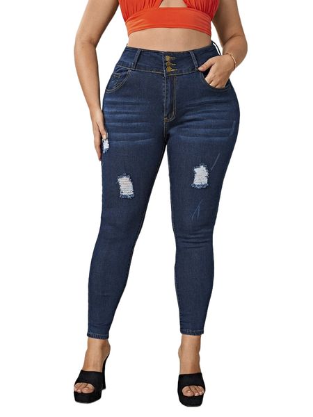 

plus ripped button fly skinny jeans w5ii#, Blue