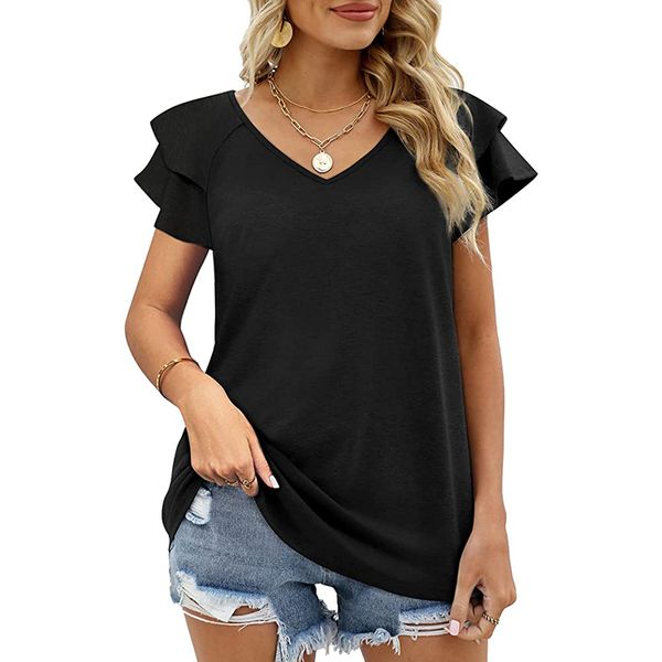 

summer women shirts ruffle short sleeve loose blouse casual t shirt, White