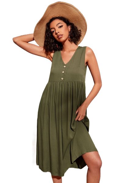 

button front high waist tank dress r1px#, Black;gray