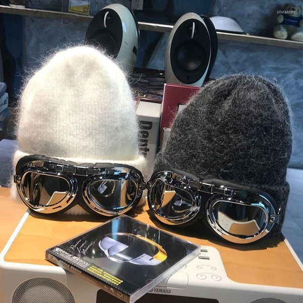 Feanie/crânio Caps estrelas com óculos de sol piloto de ar da moda O outono feminino e inverno 2022 malha de lã quente oliv22