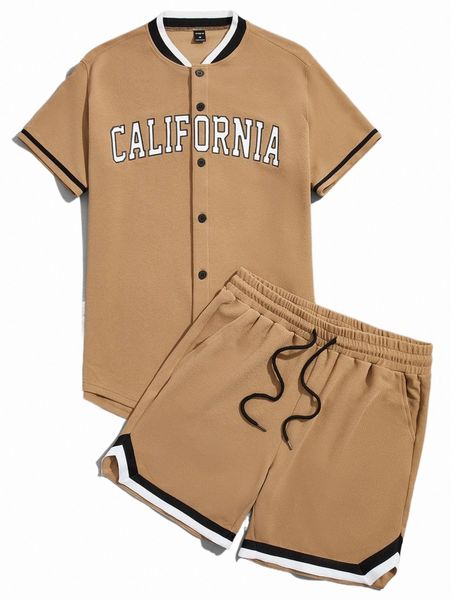 

men letter baseball collar shirt & slant pockets track shorts h8xj#, Gray