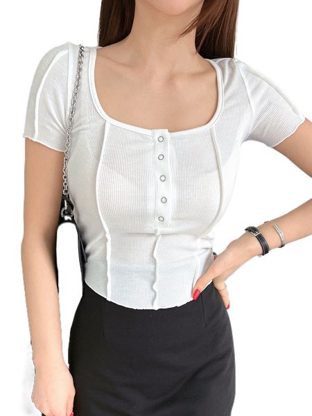 

dazy snap button stitching scoop neck tee 261z#, White