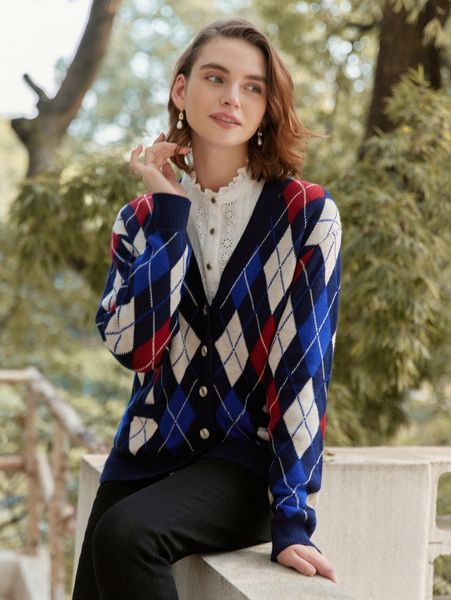 

simple retro argyle pattern drop shoulder cardigan q4mg#, White;black