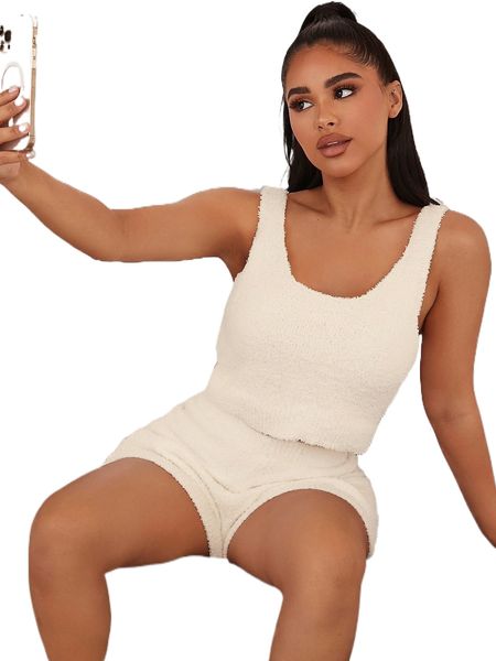 

solid sleeveless fuzzy lounge set w1lg#, Black;red