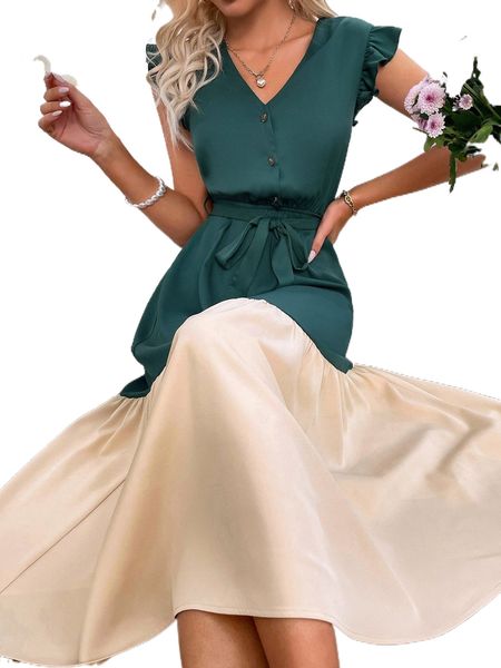 

two tone flutter sleeve ruffle hem belted dress 72m4#, Black;gray