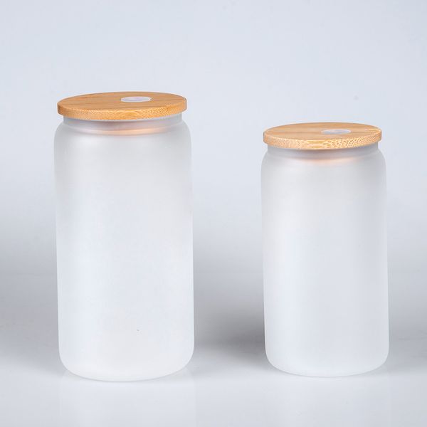 Sublimation 16oz Glasdose Glasbecher mit Bambusdeckel wiederverwendbare Strohbierdosen Transparent gefrostete Soda CanCup Trinkbecher LXL1479