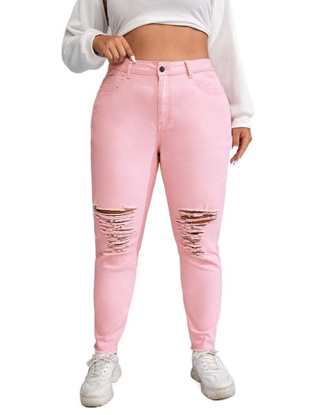 

plus high waist ripped raw cut skinny jeans z1fb#, Blue