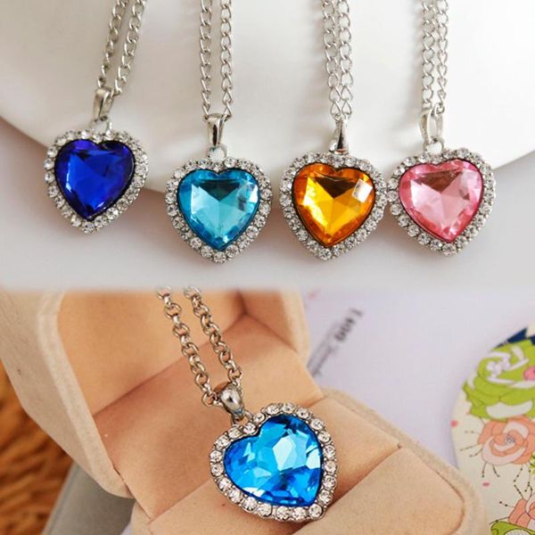 

pendant necklaces titanic heart of ocean crystal rhinestone sharped necklace blue champagne pink fine jewelry, Silver