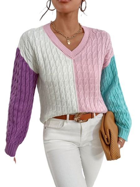 

colorblock cable knit drop shoulder sweater y6oq#, White;black