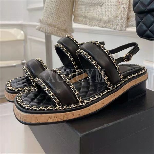 

30% off 2022 slippers low heel thick sole sandals women real leather narrow band metal chain decor buckle strap sandalias summer fashion vac, Black