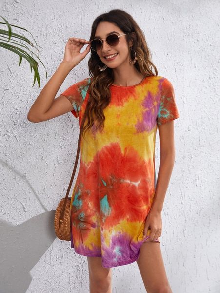 

tie dye tee dress h7j1#, Black;gray