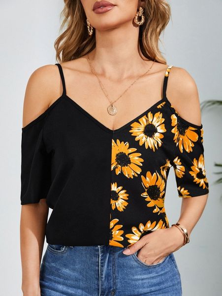

floral print cold shoulder blouse z5sj#, White