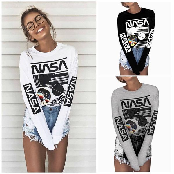 

womens designer t shirts nasa planet pattern print cotton long-sleeved t-shirt 2019 fashion designer women clothes ladies designer2312, White