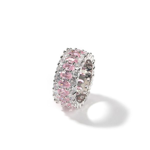 Hip Hop Side Stones Iced Out Pink CZ Oval Ring Kupfer eingelegter Zirkon Paar Persönlichkeitsringe für Männer Frauen