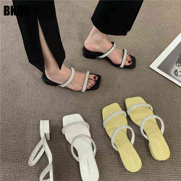 

2022 new summer trendy women slippers modern crystal bling slides ladies dress square heels elegant pumps female shoes fashion y220615, Black