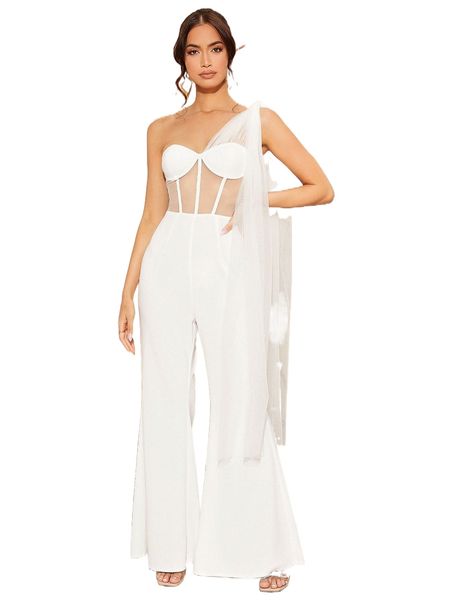 

one shoulder side draped contrast mesh bustier jumpsuit x9rs#, Black;white