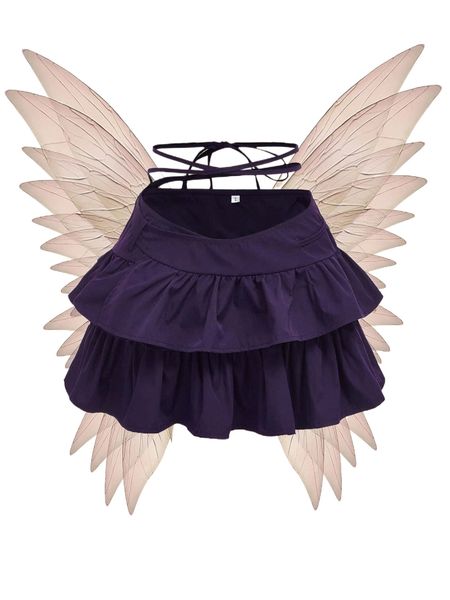 

solid layered hem tie back skirt k950#, Black