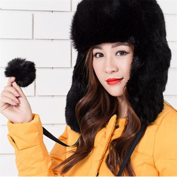 Berets Frauen Russische Kosaken Stil Hüte Kunstpelz Winter Warm Trapper Weibliche Ohr Schützen Schwarz 027