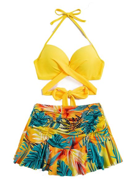 

plant print wrap halter skort bikini swimsuit h0sq#, White;black