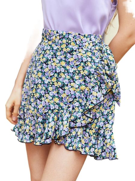 

wrap tie side allover floral skirt 646a#, Black