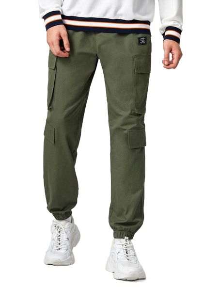 

men letter patched detail flap pocket cargo pants m42i#, Black