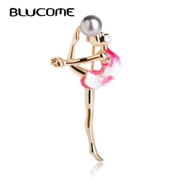 Pins Broschen Blucome Mode Sport Gymnastik Mädchen Brosche Kleidung Accessoires Goldfarbenes Metall Emaille Simulierte Perlen Schmuck PinPins