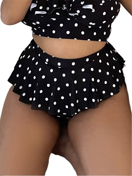 

plus polka dot print ruffle trim bikini bottom u2ku#, Black