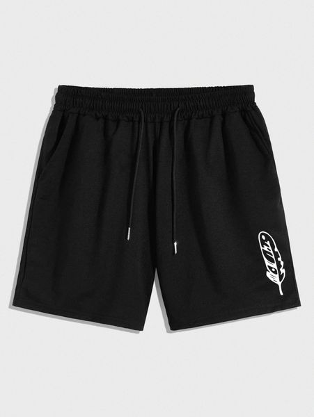 

men feather print drawstring waist shorts 38jl#, White;black