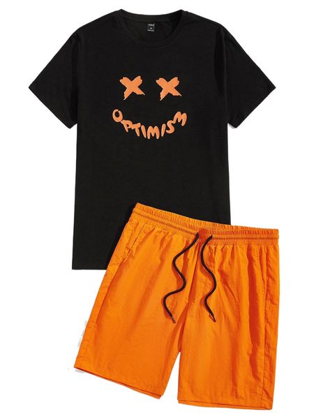 

men cartoon graphic tee & drawstring waist shorts y3in#, Gray