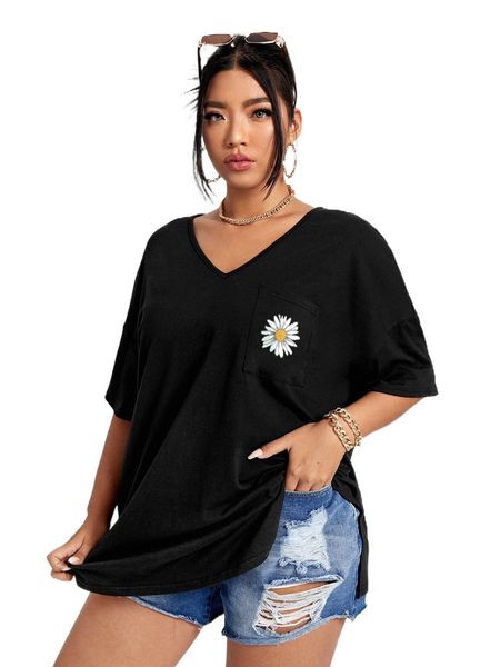 

plus floral print longline tee i1nb#, Black