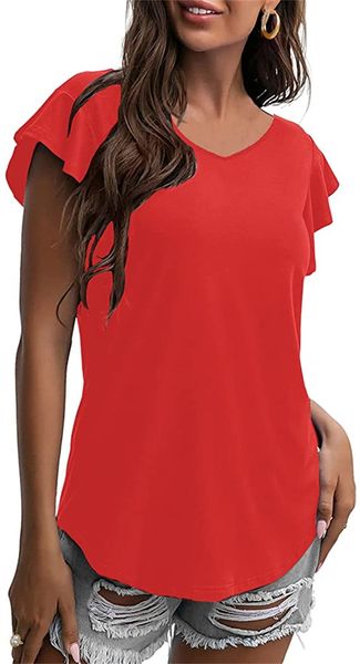 

women's ruffle sleeve tunic - v neck short sleeve casual basic shirts, White