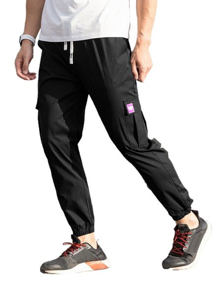 

men letter patched detail flap pocket drawstring waist cargo pants f07y#, Black