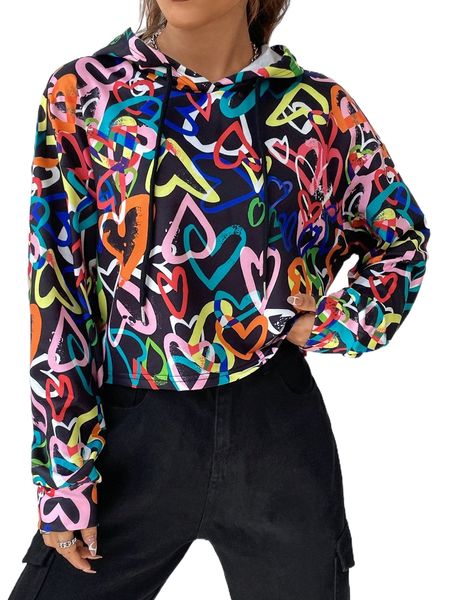 

allover heart print drop shoulder drawstring hoodie r4mv#, Black