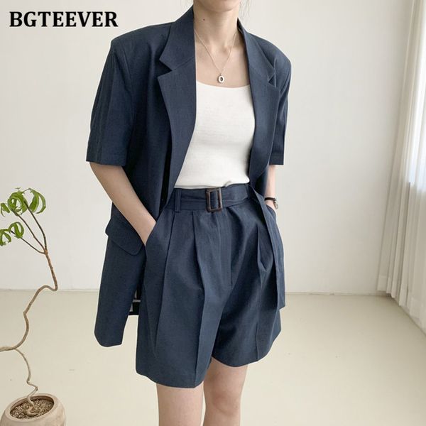 

chic vintage women 2 pieces blazer set 2021 summer ladies single-breasted suit jackets &amp high waist belted shorts, White