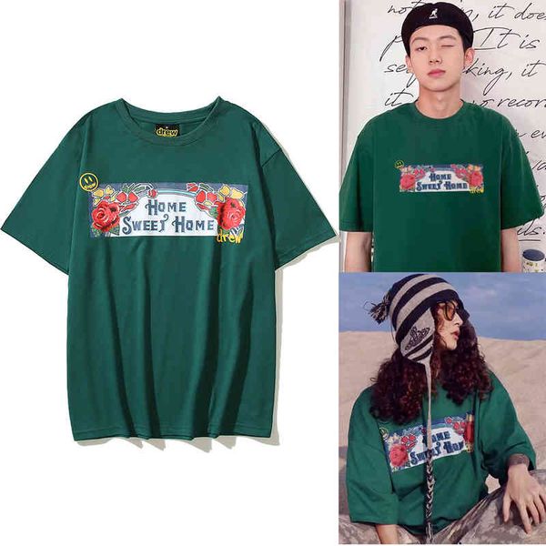 

summer drew smiling face rose high street short men beach casual t-shirt sleeve streetwear women clothes loose, White;black